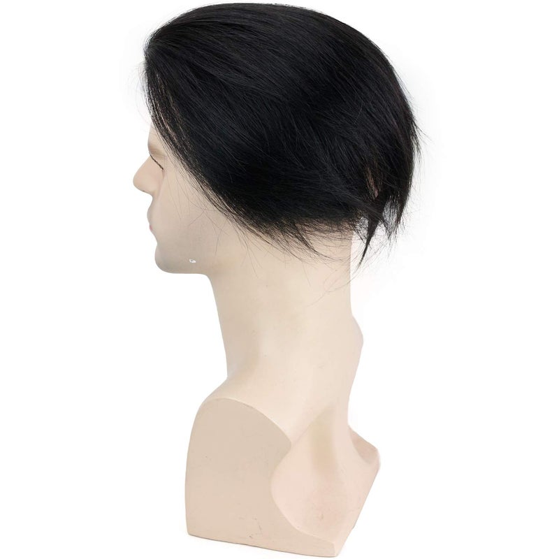 Voloria Men's Toupee 8inch Hairpieces 100% European Virgin Human Hair Replacement System Hair Topper Pieces for Men Swiss Lace Net with PU Base Size 4.33x6.69 inch 1B Black Color - Image 4